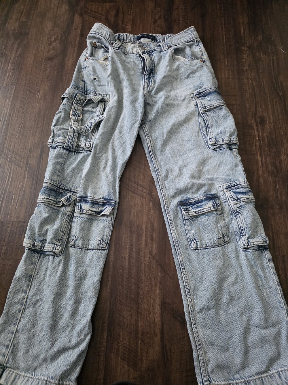 Aeropostale Low Rise Cargo Jeans Medium Light Wash Baggy Wide Leg Y2K